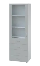 LE - 64 skříň léková prosklená, levá, korpus bílý, dvířka šedá